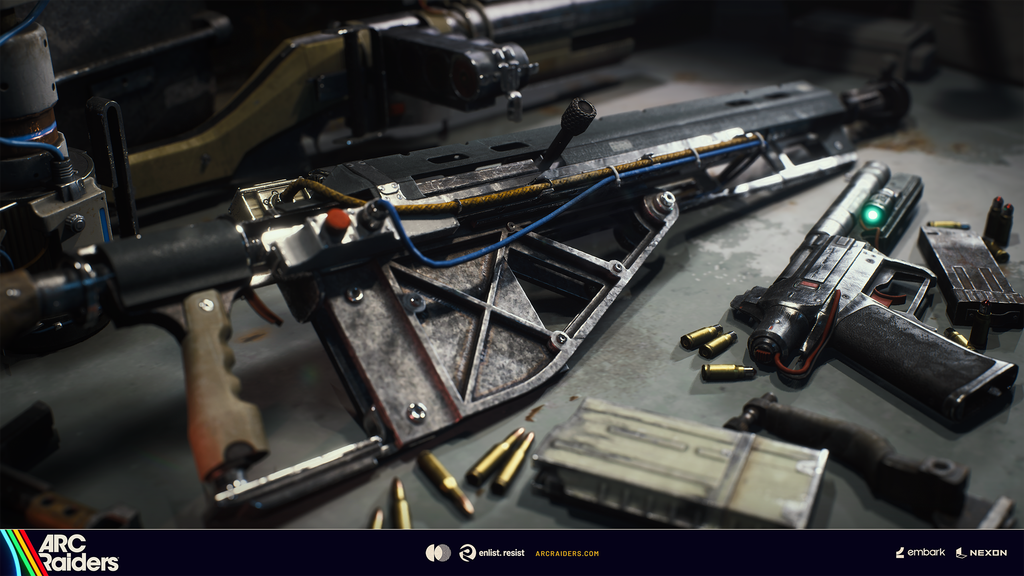 Weapons and equipment displayed on a Workshop bench