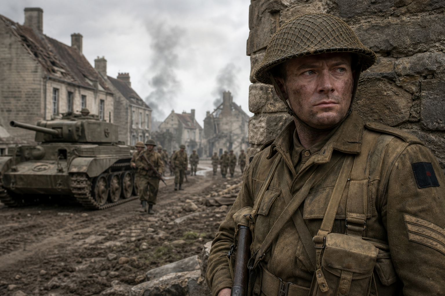 Fictional British Army corporal with Cromwell tank in Normandy