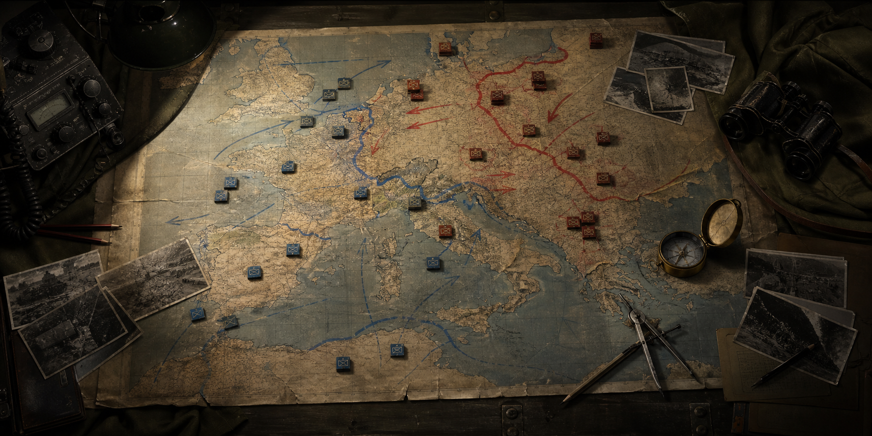 Wartime operations map with unit counters and command tools
