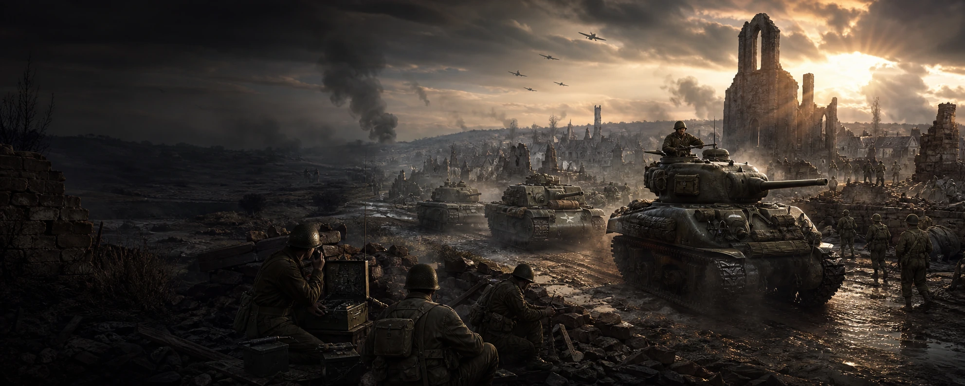 Allied armored command advancing across a ruined European battlefield