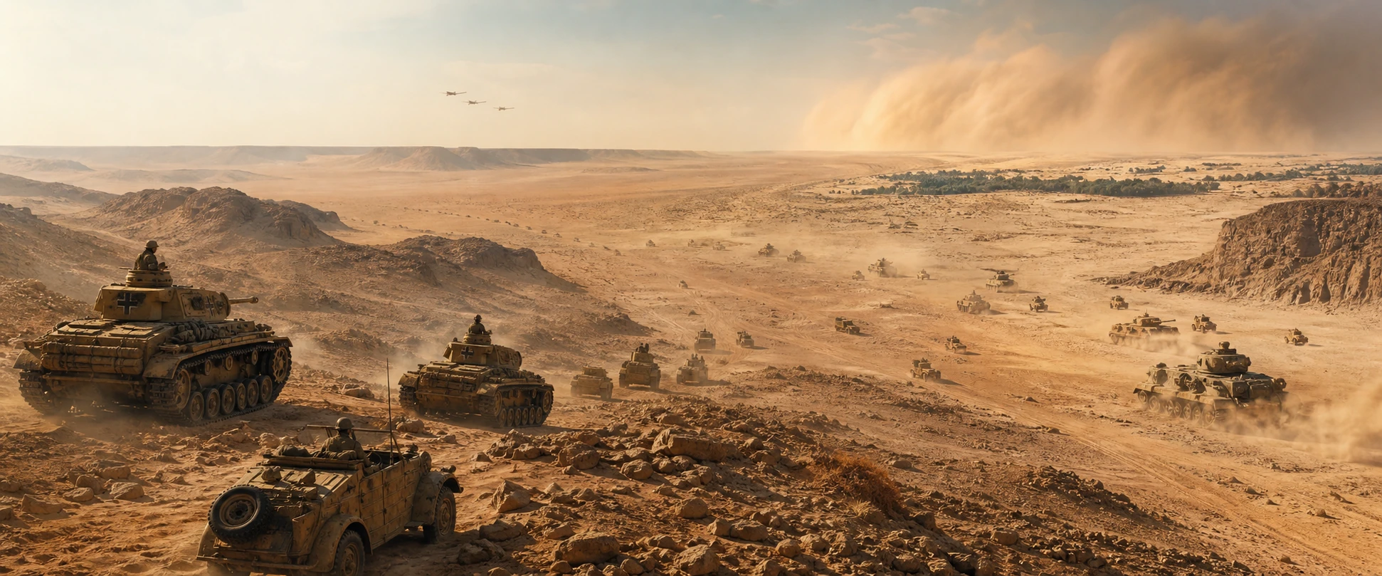 Armored columns maneuvering across the North African desert