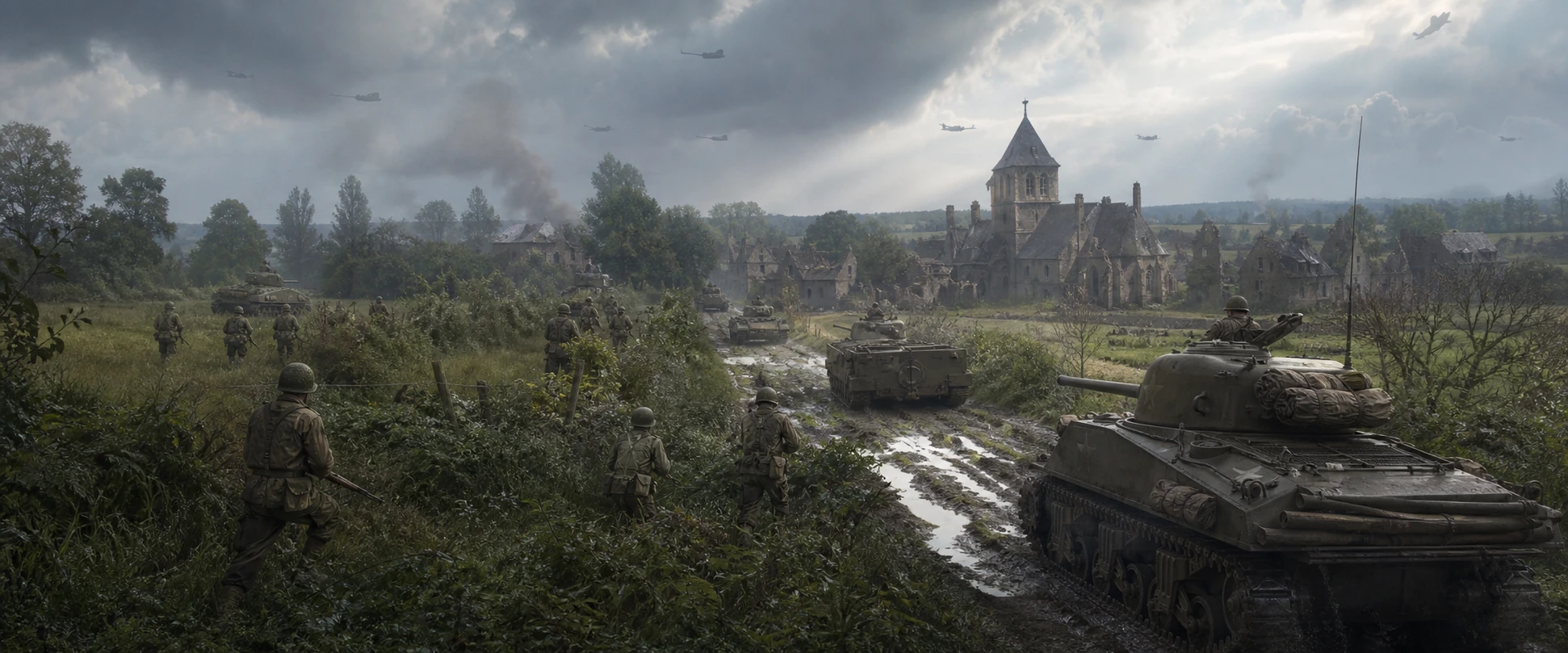 Allied armor and infantry advancing through Normandy