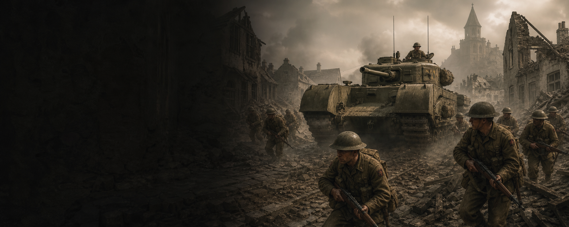 British Forces advancing with a Churchill tank