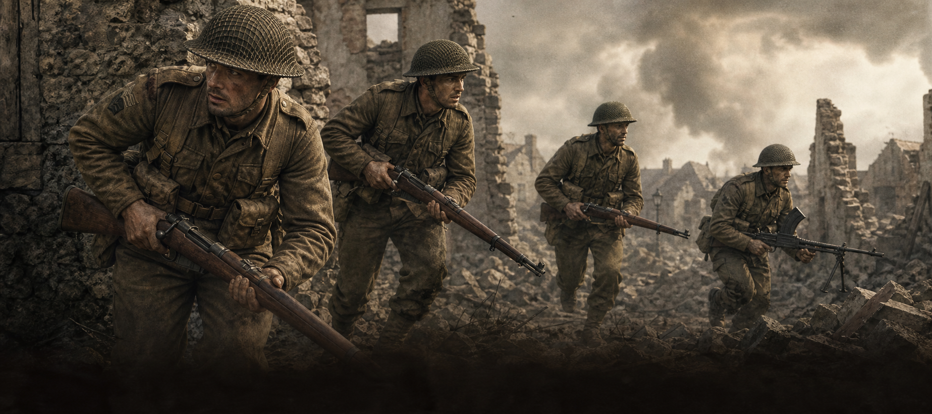 British infantry with Lee-Enfield rifles and a Bren gun