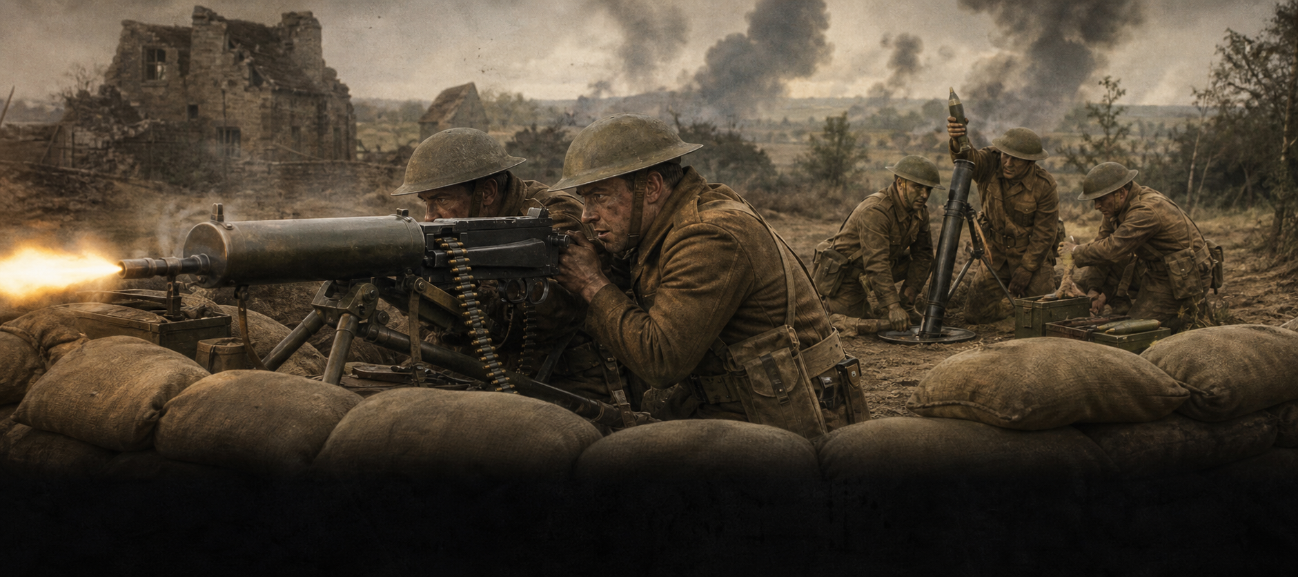 British Vickers machine gun and mortar crews