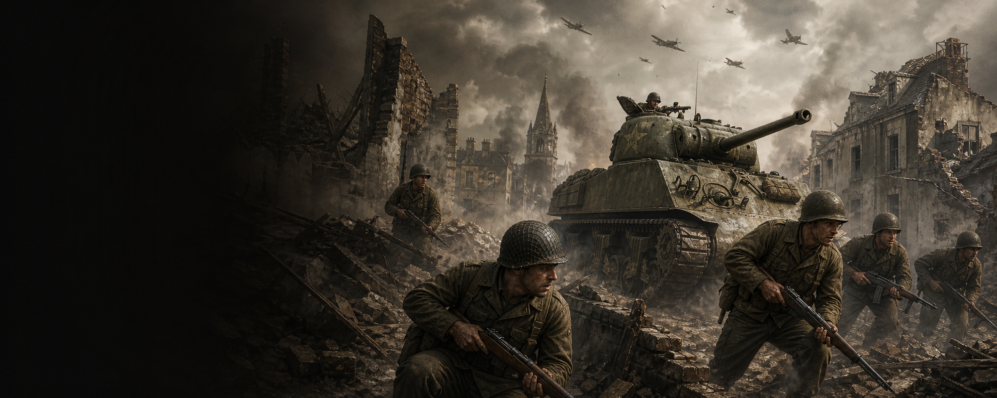 U.S. Forces advancing with a Sherman tank