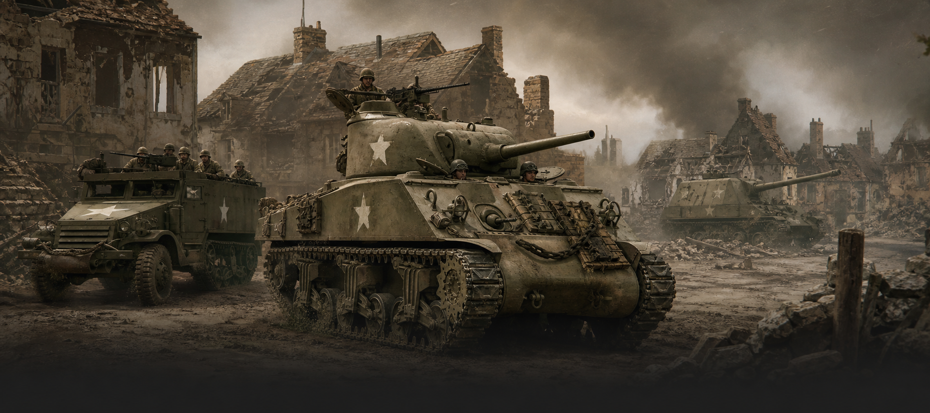 World War II U.S. Sherman and half-track column