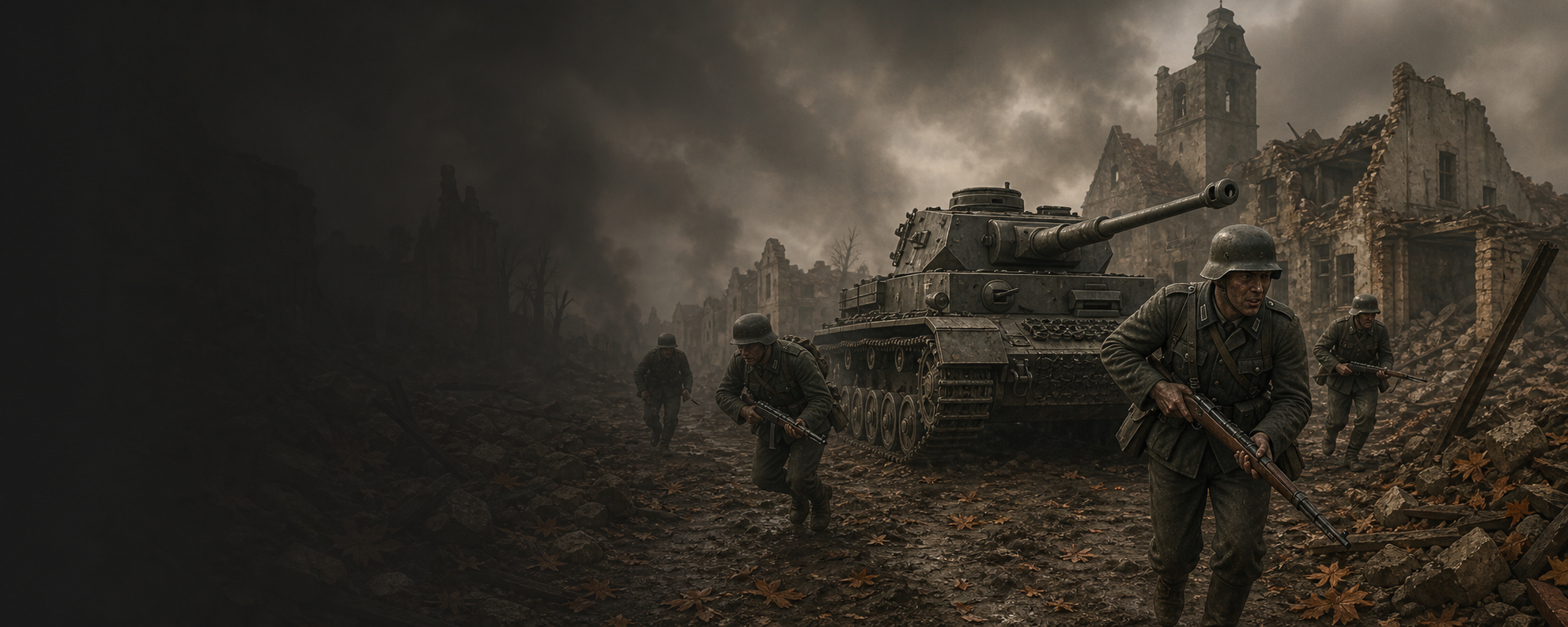 German field troops advancing with a Panzer IV