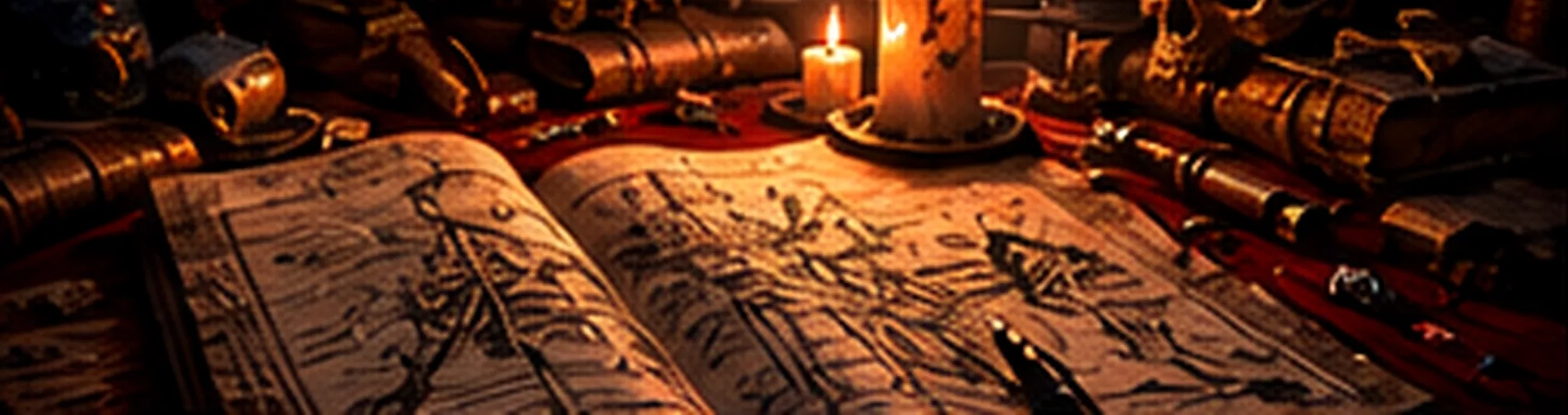 An open book of old sketches lies on a candlelit desk among scrolls, worn books and a skull.