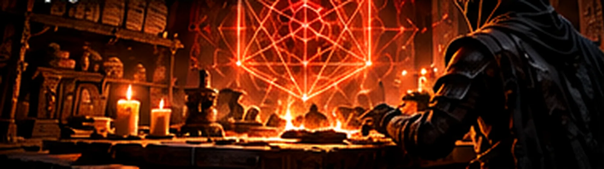 In a candlelit study a glowing red geometric diagram hangs above a cluttered table while a hooded, armored figure leans in from the right.