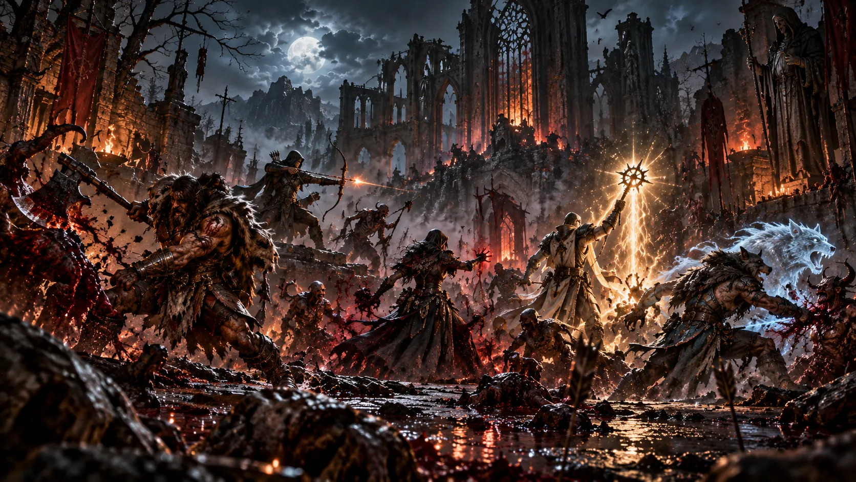 Five fighters and a spectral wolf battle undead in the ruins of a gothic cathedral under a full moon: a fur-clad axe-wielder, an archer loosing a flaming arrow, a dark-robed caster with a red glowing hand, a white-robed fighter raising a radiant sun-staff, and a wolf-cloaked warrior.