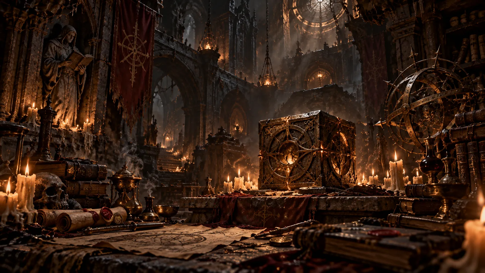 A brass-bound cube covered in circular ornaments glows with amber light on a stone plinth in a candlelit research chamber, surrounded by stacked old books, wax-sealed scrolls, an armillary sphere, a skull and towering gothic arches.