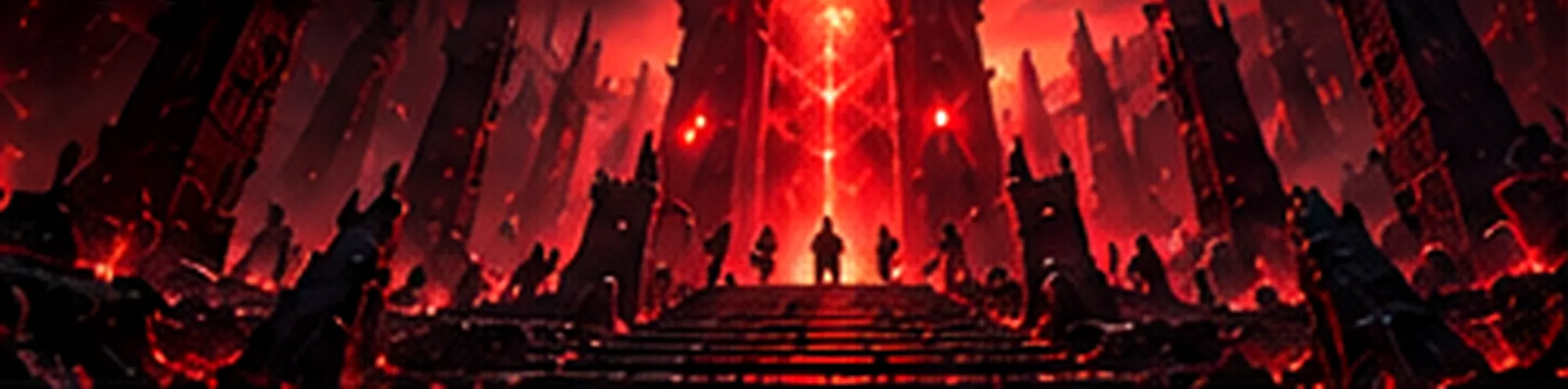 A lone figure stands at the foot of a wide stair before a glowing red archway, between jagged black towers under a blood-red sky.