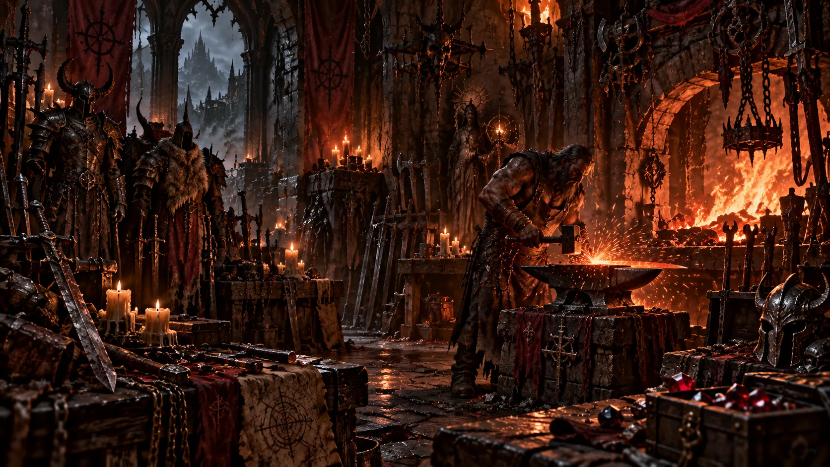 A blacksmith hammers a glowing blade on an anvil beside a roaring forge in a gothic smithy. Armored figures on stands, racks of swords, hanging chains, candles and a chest of red gems fill the room around him.