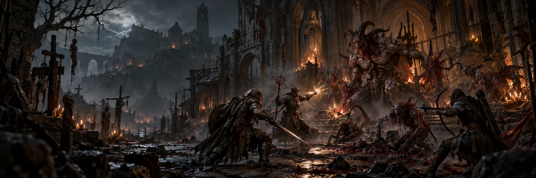 A gothic Sanctuary graveyard at night. Three adventurers, a knight with a sword, a robed caster with a staff and an archer, fight a horned demon and its lesser demons at the foot of a ruined cathedral under a full moon.