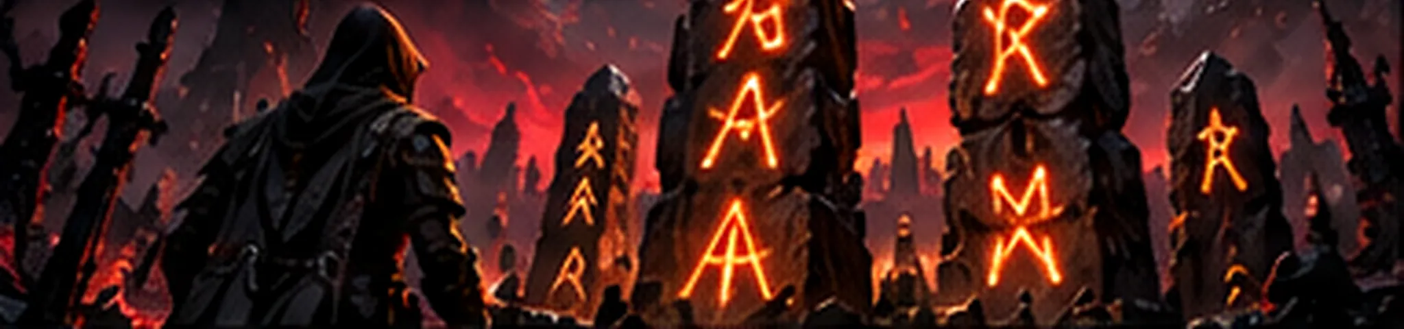 Tall dark standing stones carved with glowing orange runes rise under a red sky while a hooded adventurer looks on from the left.