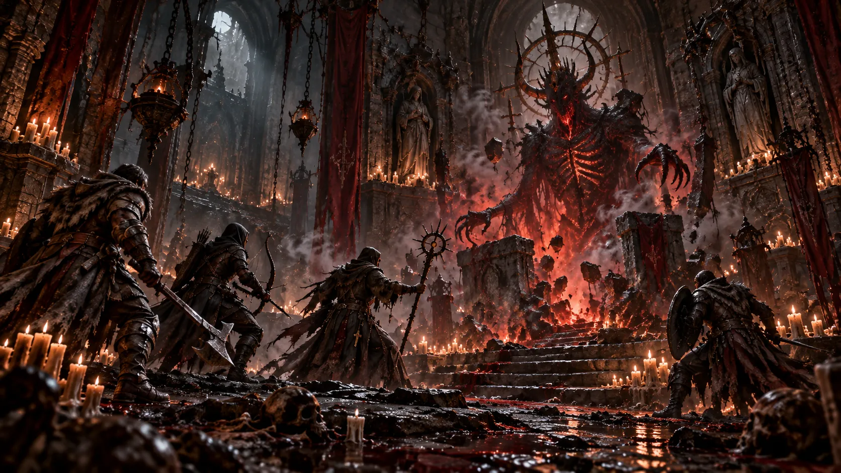 Adventurers with an axe, a bow, a staff and a shield face a towering horned demon wreathed in red light inside a candlelit gothic cathedral with hanging censers, red banners and stone stairs.