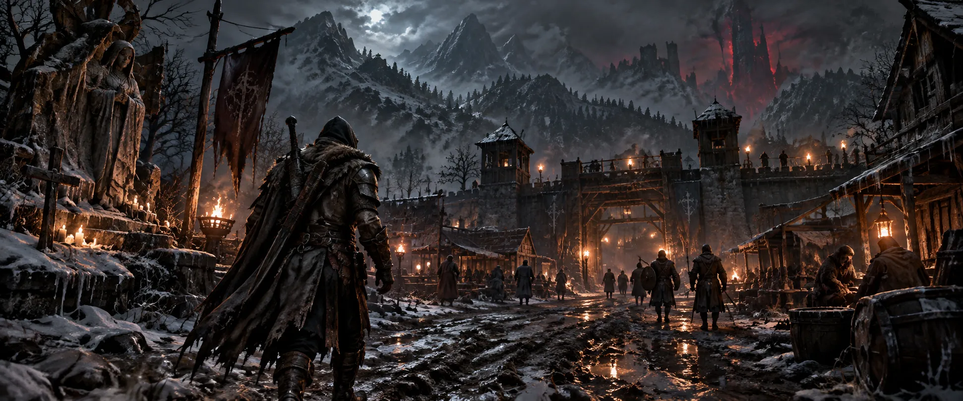 Seen from behind, a hooded adventurer in worn armor walks through snow and mud toward a torch-lit, walled settlement with wooden towers, beneath dark mountains and a distant red glow.