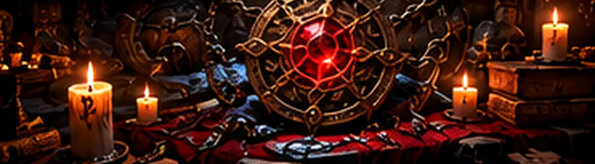 An ornate brass talisman with a glowing red gemstone at its center rests on red cloth among candles, old books and chains.
