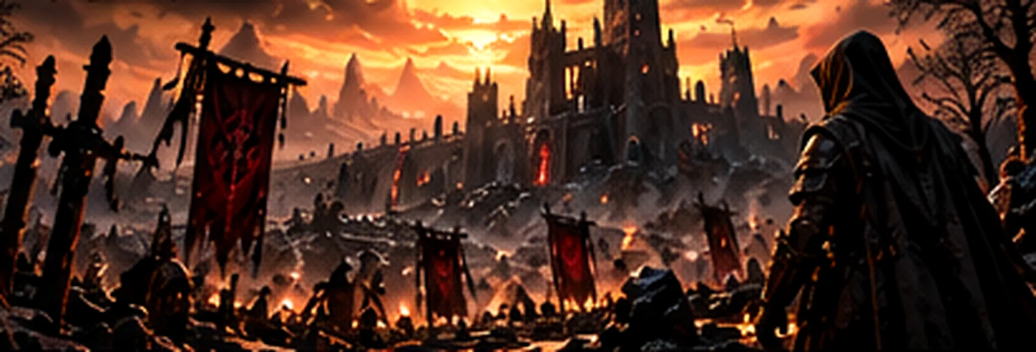A ruined gothic cathedral-city burns under an orange sunset, with tattered red banners and planted swords in the foreground and a hooded watcher at the right edge.