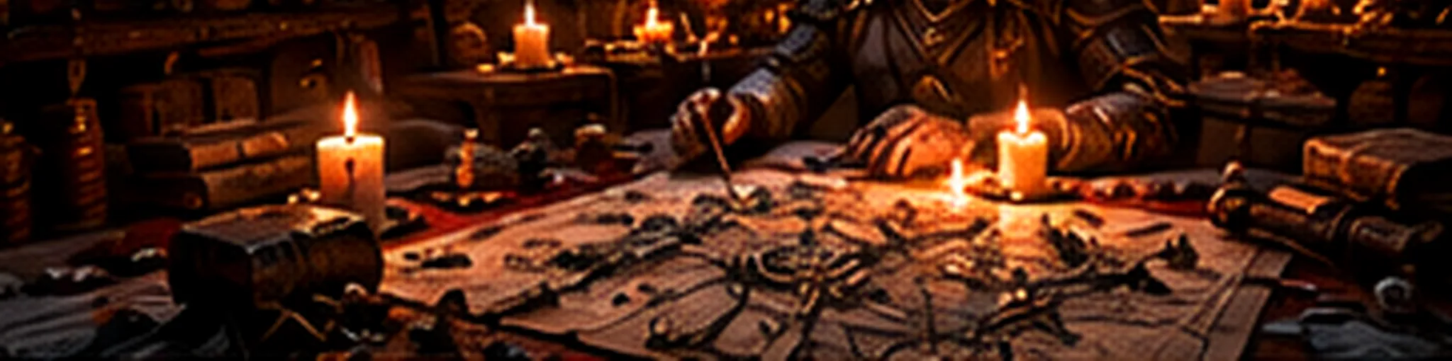 An armored strategist marks an old map by candlelight, with books, scrolls and more candles crowded around a dim campaign table.