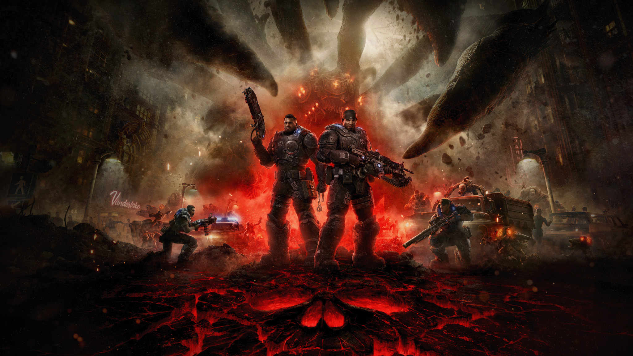 Marcus Fenix and Dominic Santiago surrounded by the Locust invasion of Kalona