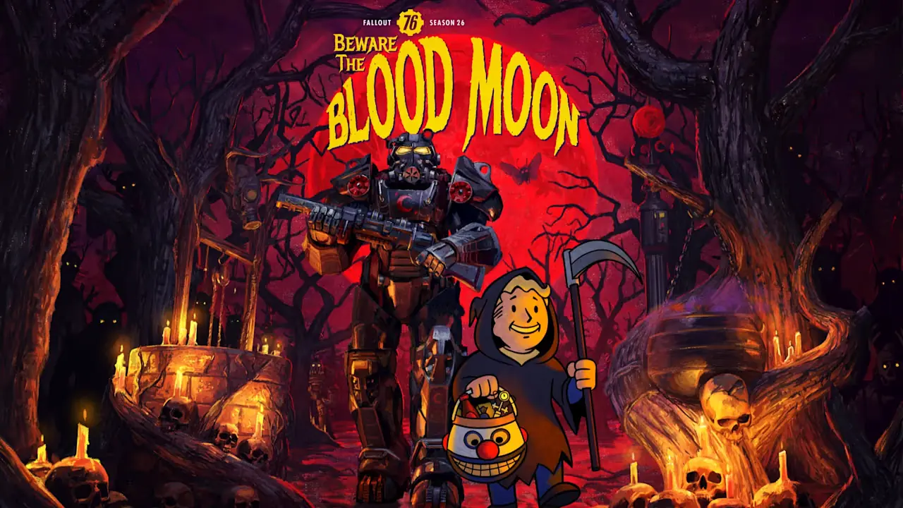 Season 26 key art: a raider in Power Armor and Vault Boy in a Halloween costume under a red moon