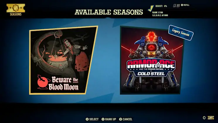 The Seasons menu showing Beware the Blood Moon next to the Legacy Season, Armor Ace in Cold Steel