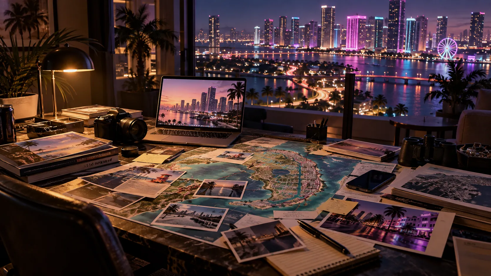 A research desk by a window onto a neon waterfront skyline, with a laptop, camera, stacked books, printed photographs and notes spread over a large illustrated map, a desk lamp, a phone and binoculars.