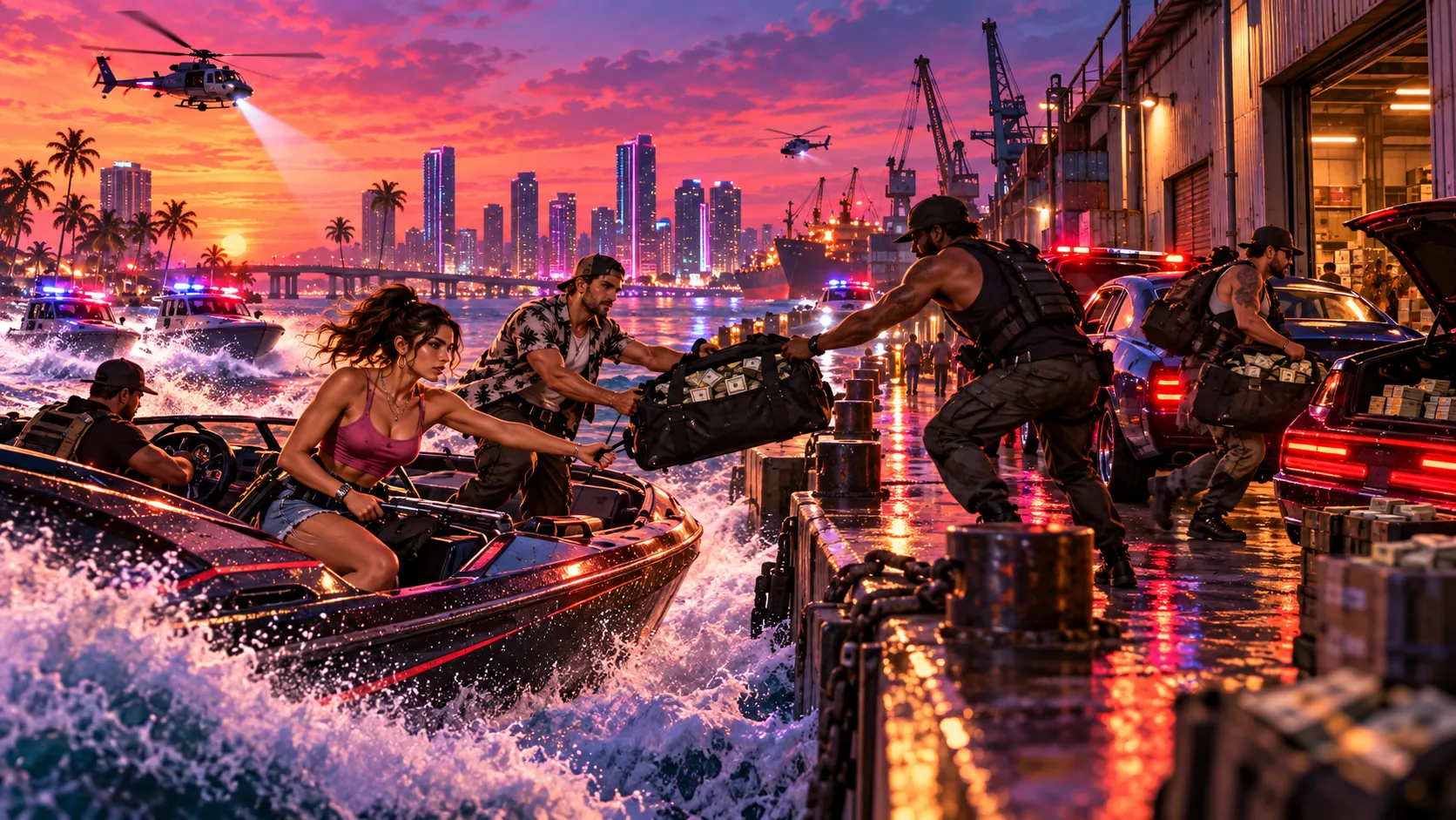 Two people pass a duffel bag of cash from a fast boat to a dock at dusk while police boats and helicopters close in and a crew loads cars nearby, with a city skyline behind.