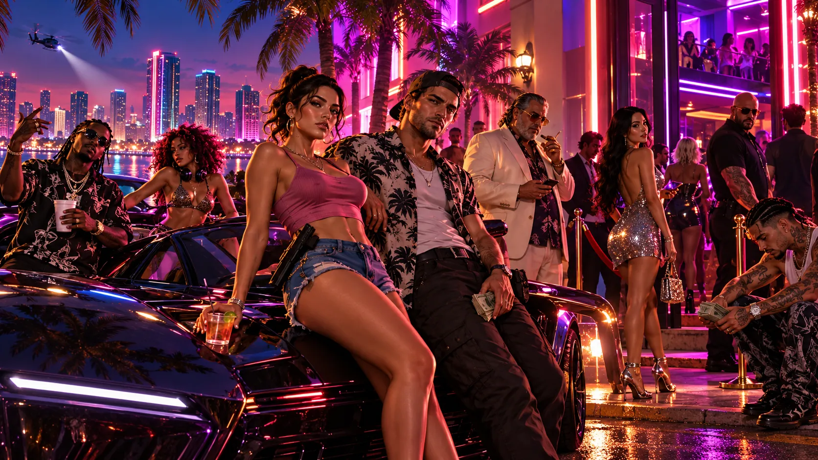 A crowd outside a neon club at night: a couple leaning on a dark car in the foreground, with a man in a cream suit, dancers, security guards and a man counting cash around them, and a city skyline behind.