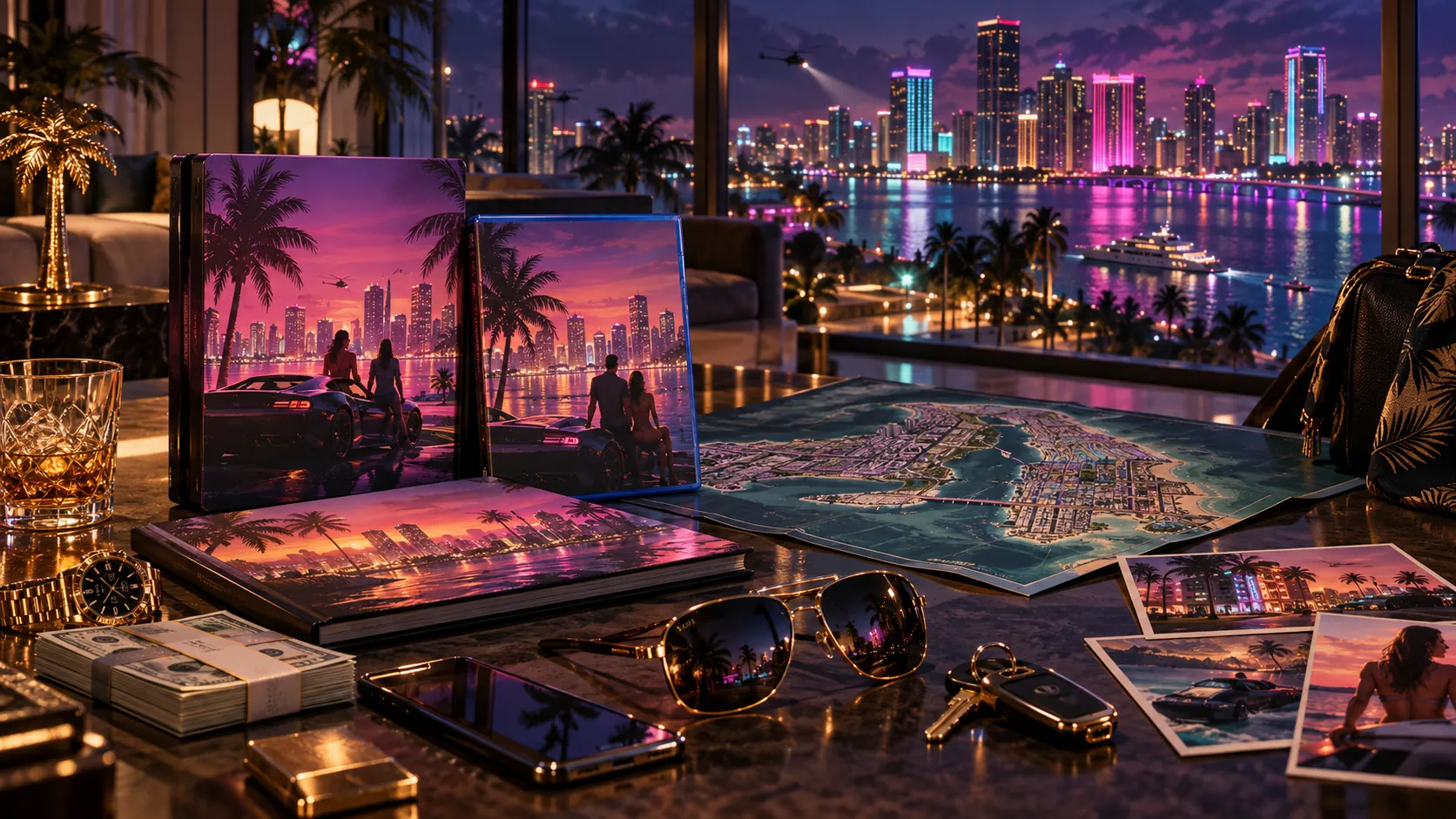 A luxury apartment table at night covered with illustrated game cases, a hardcover book, a folded city map, photographs, sunglasses, car keys, a phone, a watch, cash and a whiskey glass, in front of a window onto a neon skyline and bay.