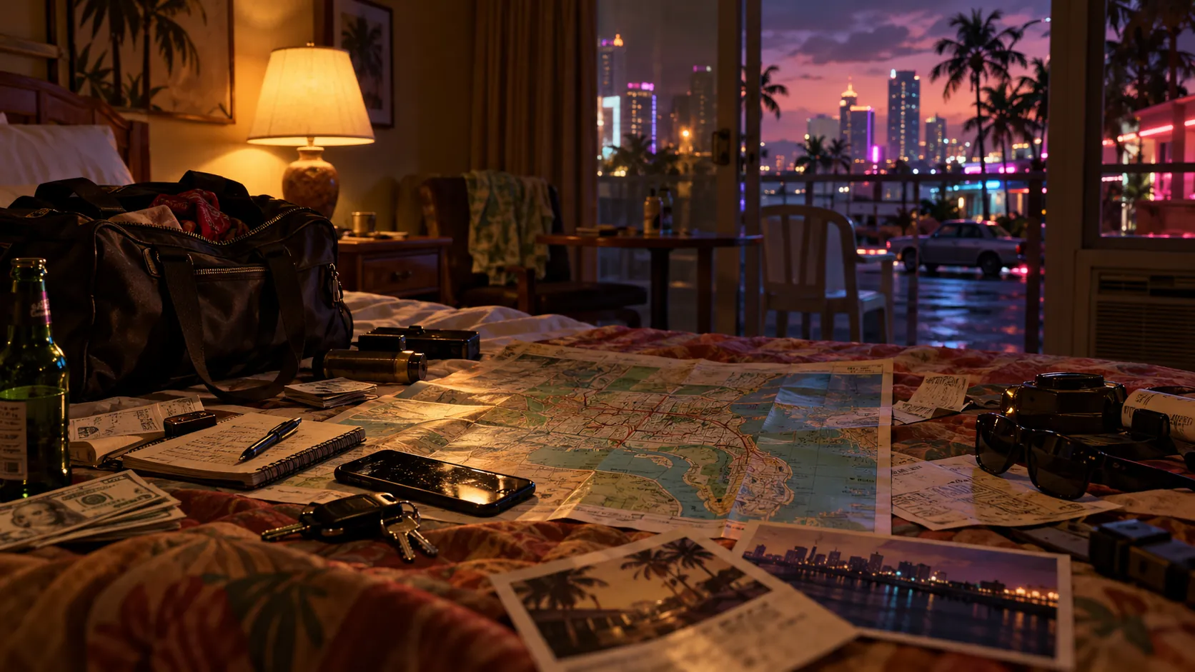 A motel room at night with a duffel bag, notebook, phone, car keys, cash, sunglasses and photographs spread over a map on the bed, and a balcony door open onto a wet parking lot and a neon skyline.