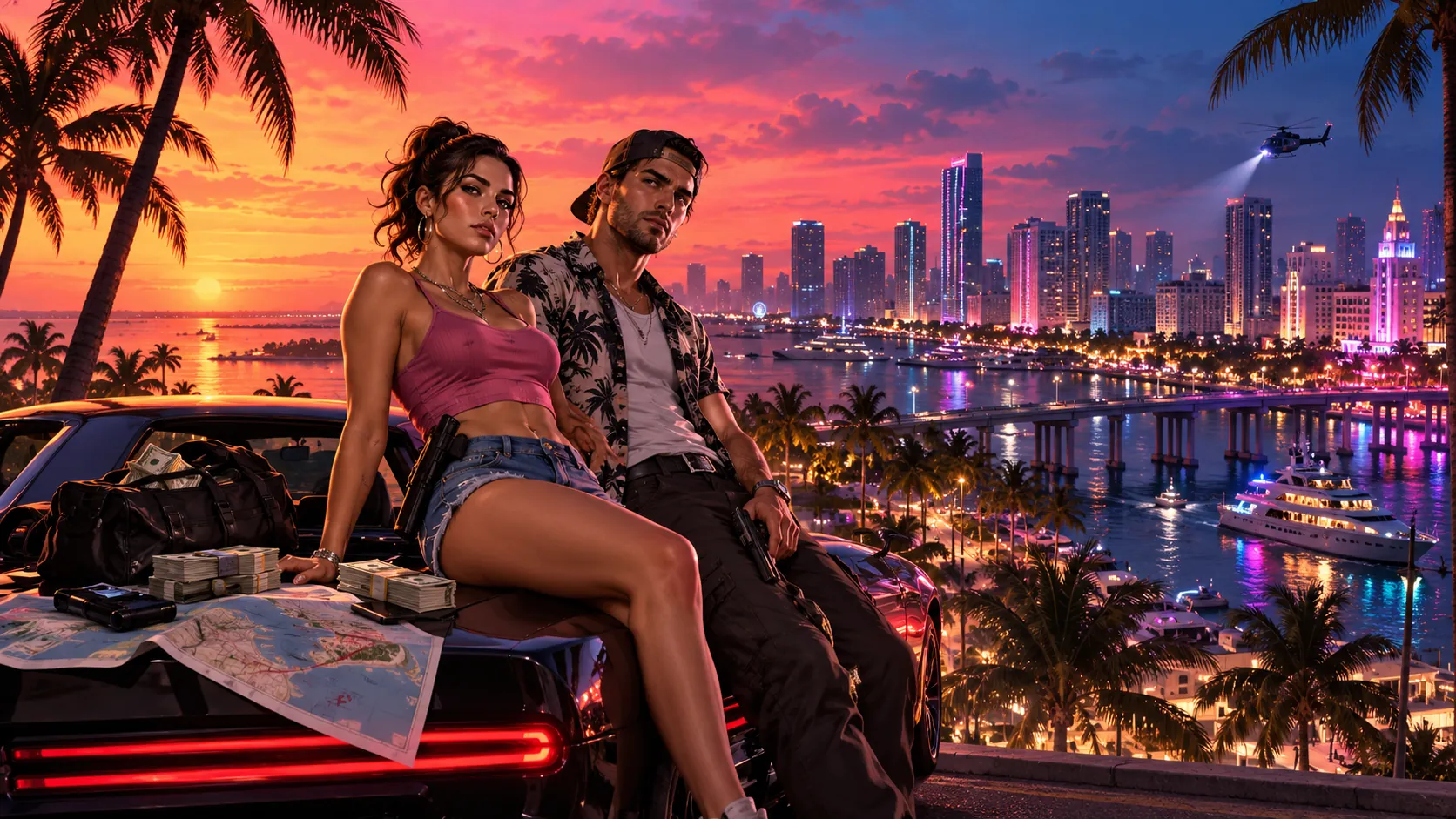Illustration of a couple posed on a dark muscle car with a duffel bag, cash and a folded map, above a neon city skyline and bay at sunset, with palm trees and a police helicopter in the distance.