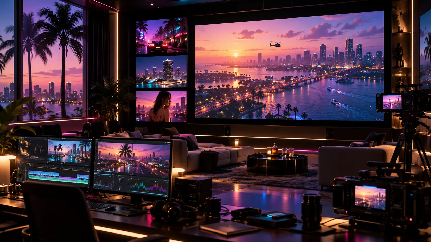 A private screening and editing suite at dusk: a wall of screens showing a coastal skyline with a helicopter, editing monitors with timelines, cinema cameras on tripods and sofas, in front of windows with palm trees and a sunset.