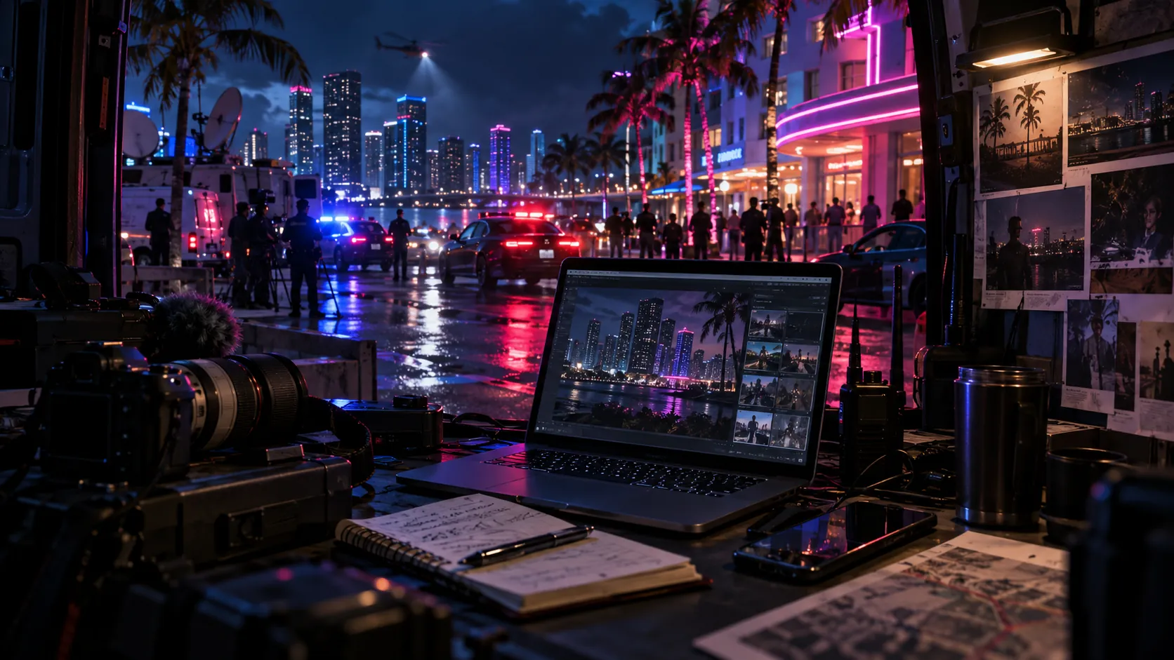 A rainy waterfront street at night seen from inside a news van: camera gear, a laptop showing a photo-editing screen, a notebook, a radio and pinned photos in the foreground, with police cars, a camera crew and news vans beside a neon hotel and skyline.