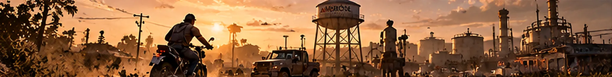 A sunset panorama of an industrial heartland: a rider on a motorcycle and a pickup truck on a dusty road, a water tower, and a refinery with storage tanks and stacks.