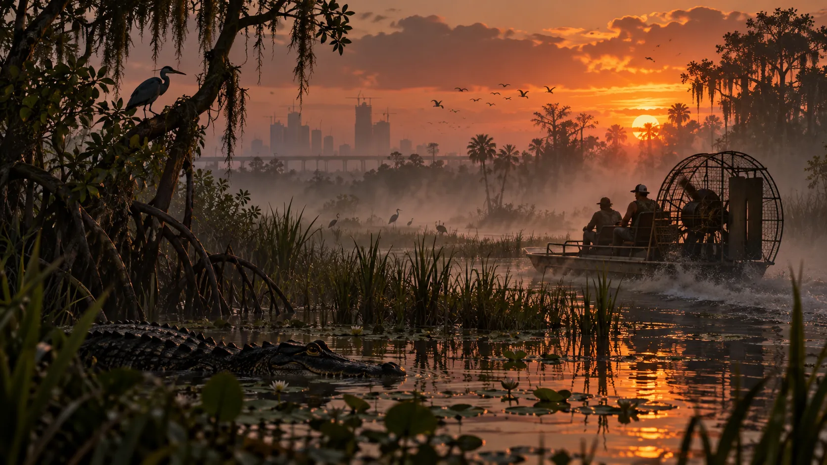 An airboat with two passengers crossing a misty mangrove swamp at sunrise while an alligator lies in the foreground, with herons in the trees and a hazy skyline and highway far behind.