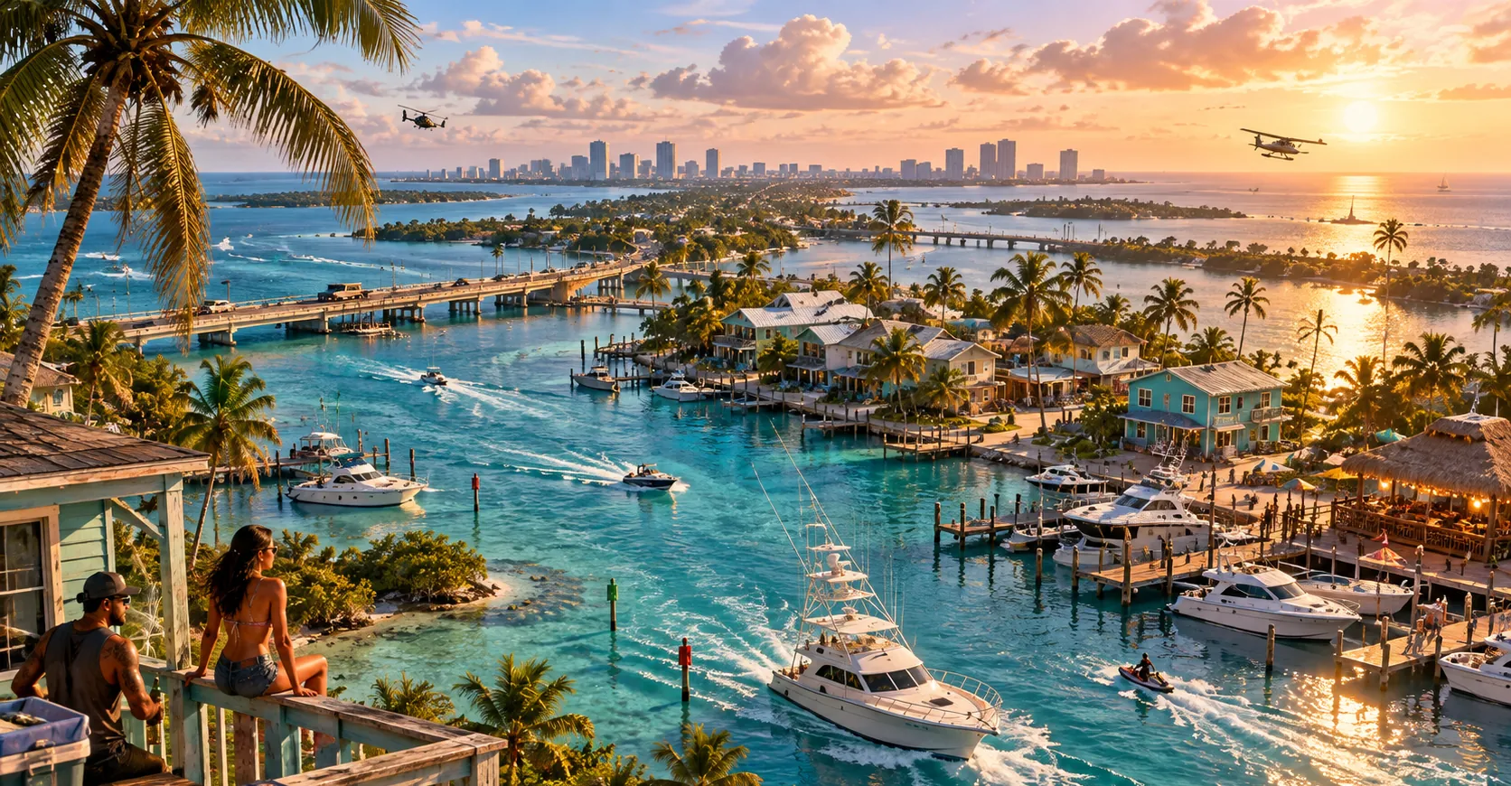A sunset view from a wooden porch over a turquoise channel in an island chain: yachts and a jet ski near docks and a thatched bar, pastel waterfront houses, a causeway bridge, a seaplane and a helicopter in the sky and a distant skyline.