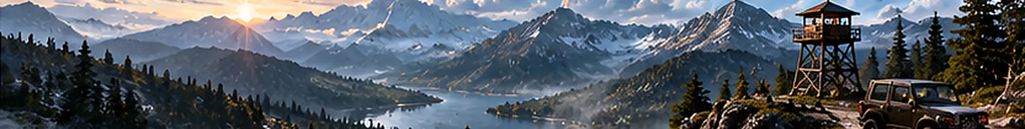 A mountain panorama at sunrise: snow-dusted peaks above a forested lake valley, with a wooden fire lookout tower and an SUV on a rocky overlook.