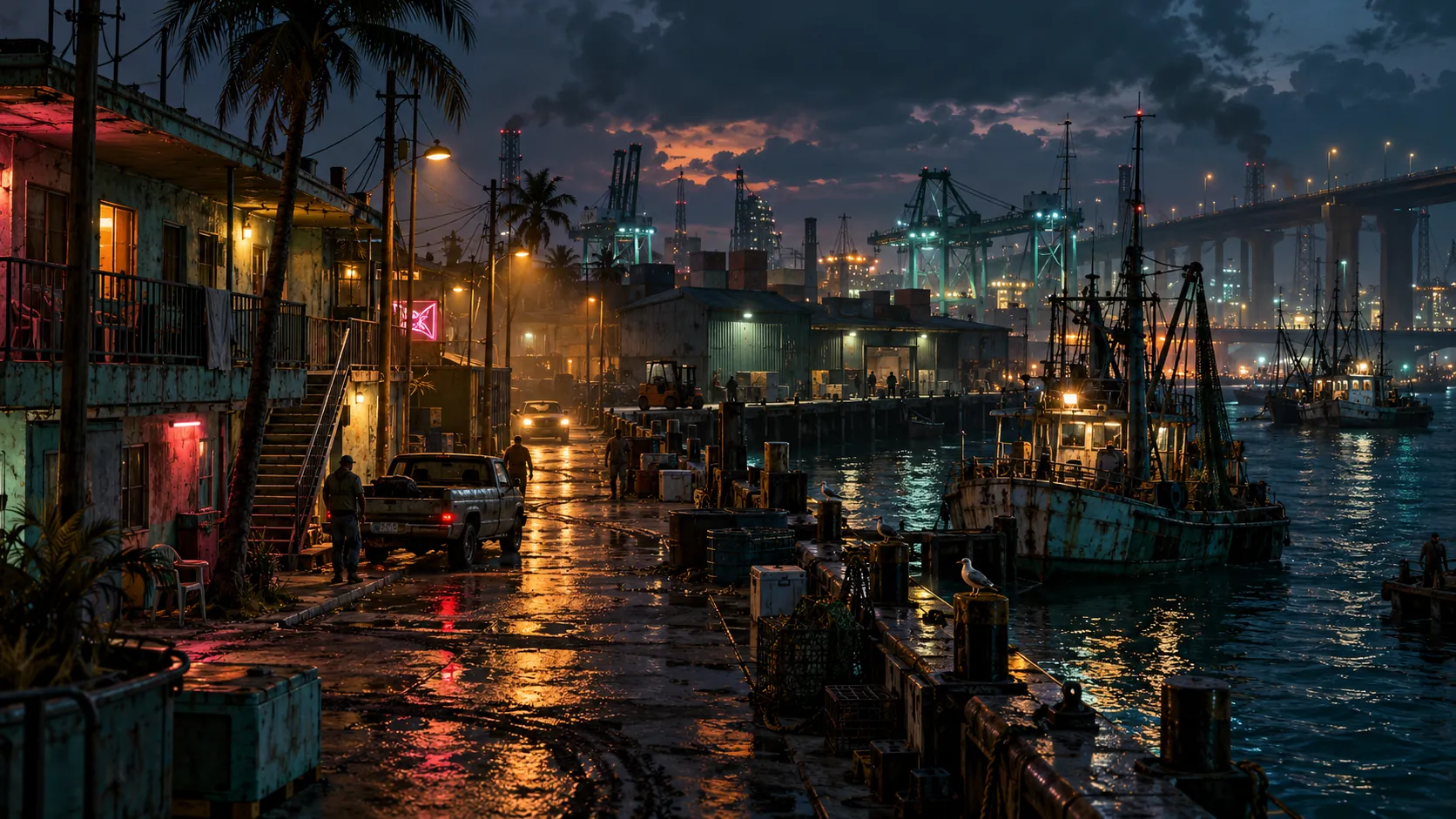 A rain-slick working harbor at night: a peeling two-story building with neon lights, a pickup truck and workers on the wet dock, a rusty fishing boat, cargo cranes and a highway bridge under storm clouds.