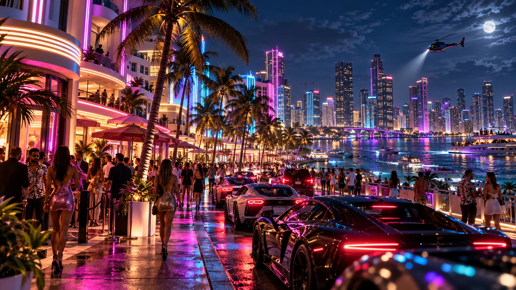 A crowded neon boulevard in a waterfront city at night: people in evening wear, palm trees and art deco hotels lit in pink and cyan, sports cars on the wet road, yachts on the bay, a helicopter with a searchlight and a skyline under a full moon.