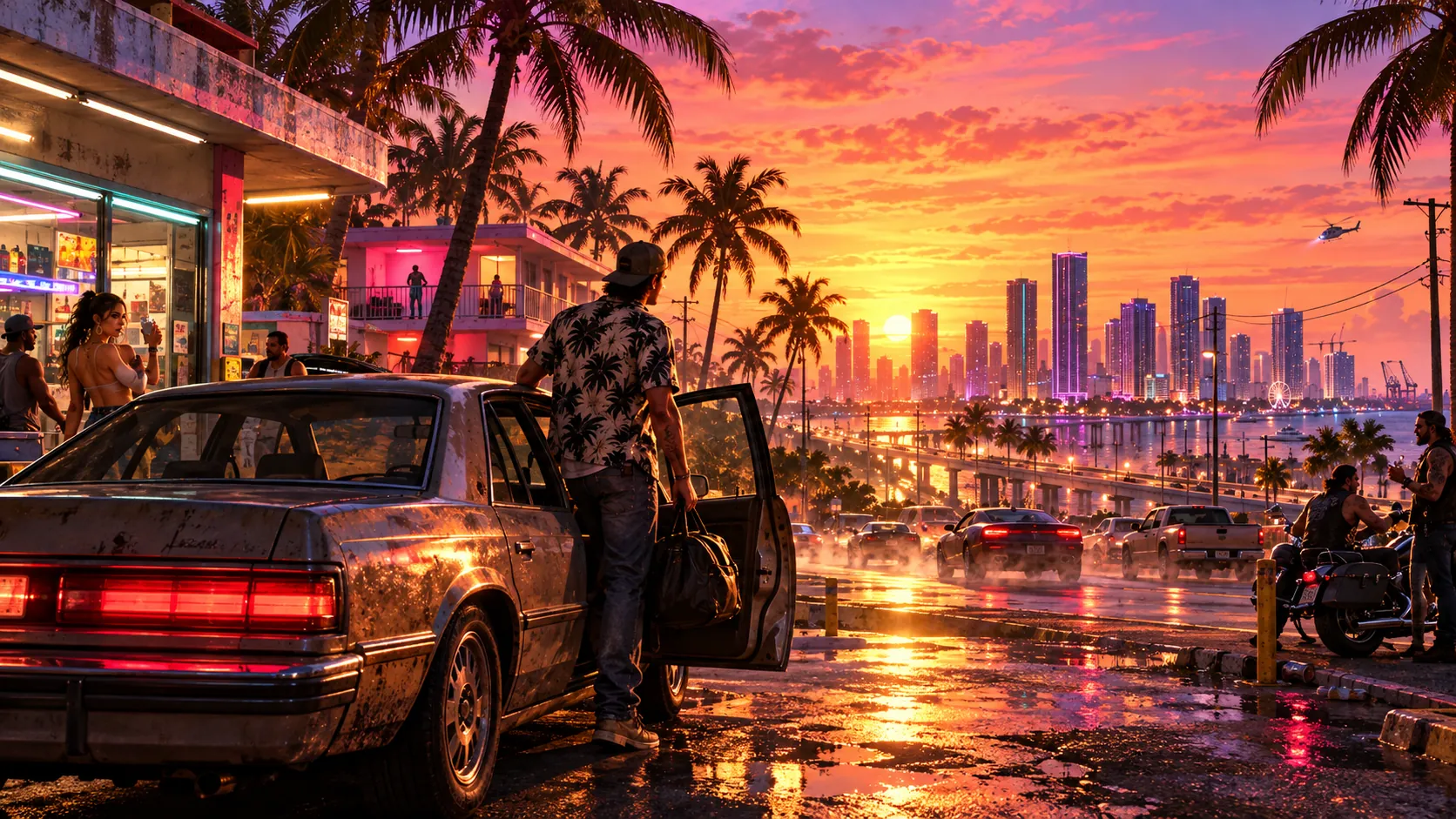 A man in a palm-print shirt stands beside an open car door at a run-down roadside shop in the evening, looking toward a bay, a long bridge and a neon skyline at sunset.