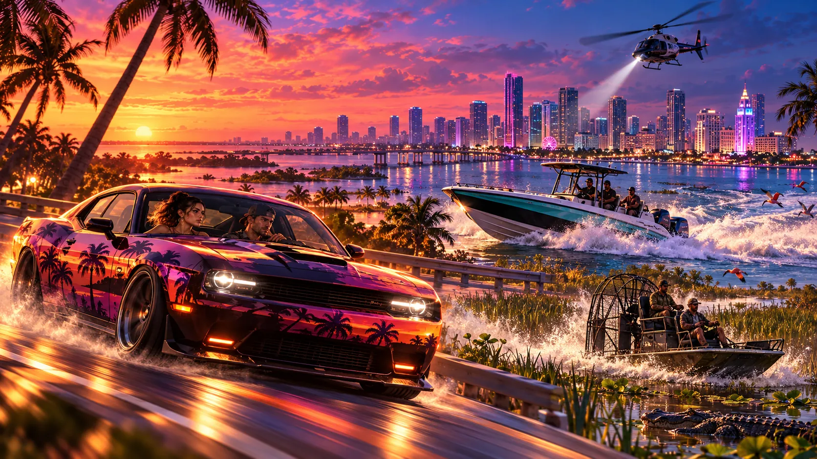 A purple and orange palm-print muscle car speeds along a waterfront road at sunset while a speedboat and an airboat cross the water beside it, with a police helicopter over a glowing skyline.