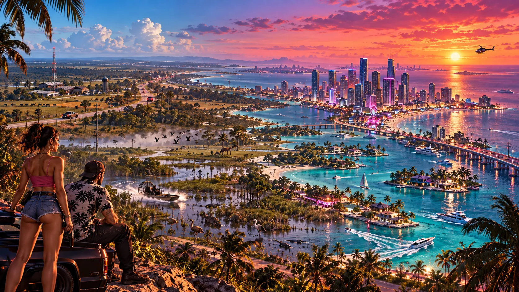 A wide view from a hillside over wetlands with an airboat and wading birds, a turquoise bay with small islands and boats, a long bridge, and a glowing city skyline at sunset.
