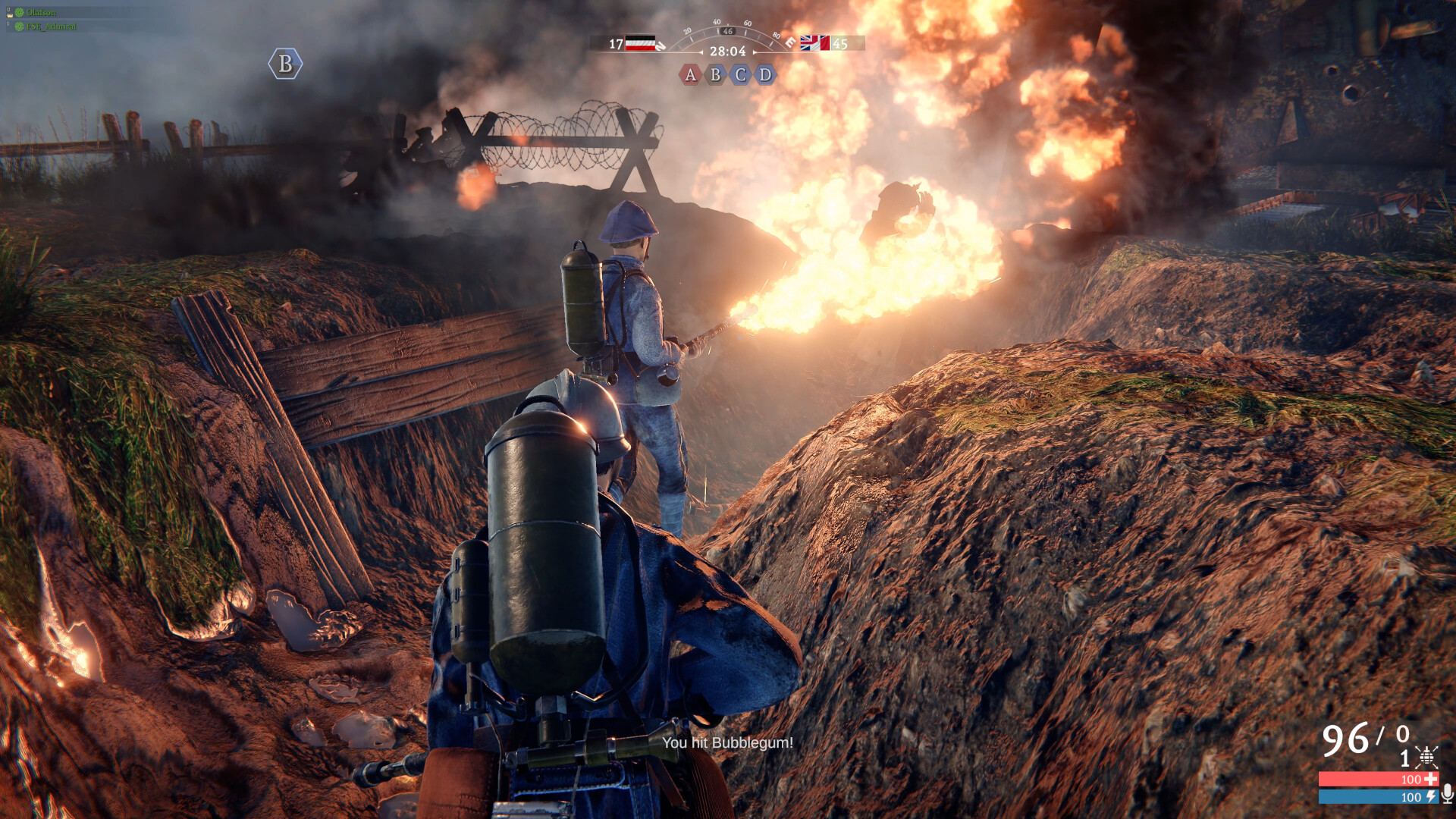 Flamethrower troops attack a trench in Over The Top WWI