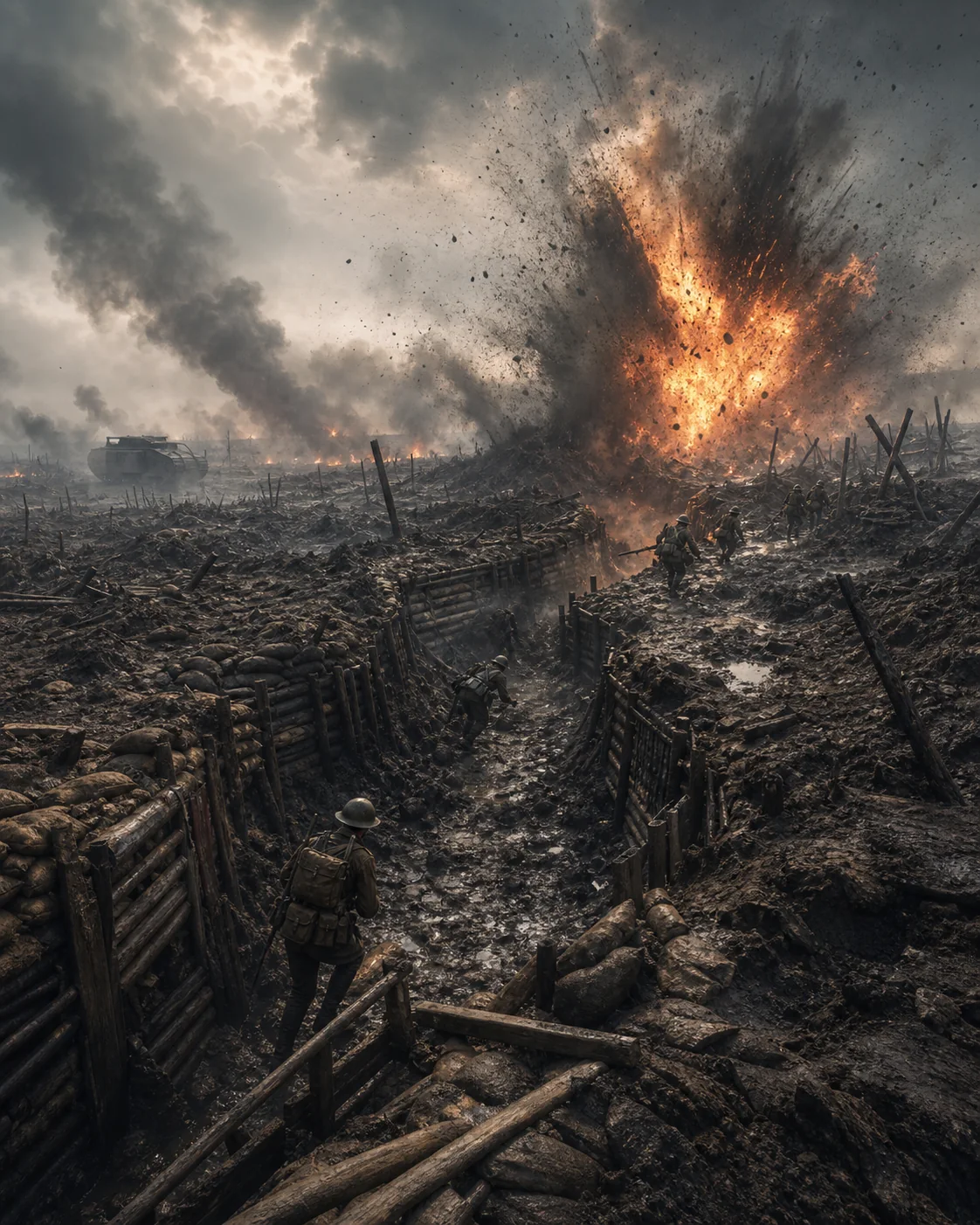 A massive explosion tears through a trench line as soldiers advance past a tank