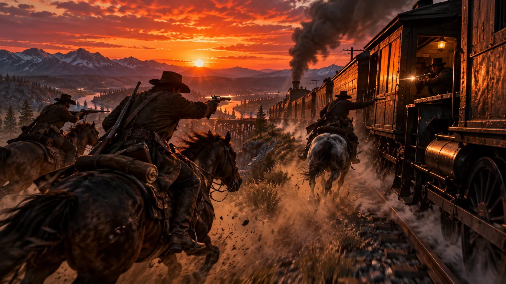 Riders on horseback racing beside a steam train at sunset, with guns drawn and dust flying.