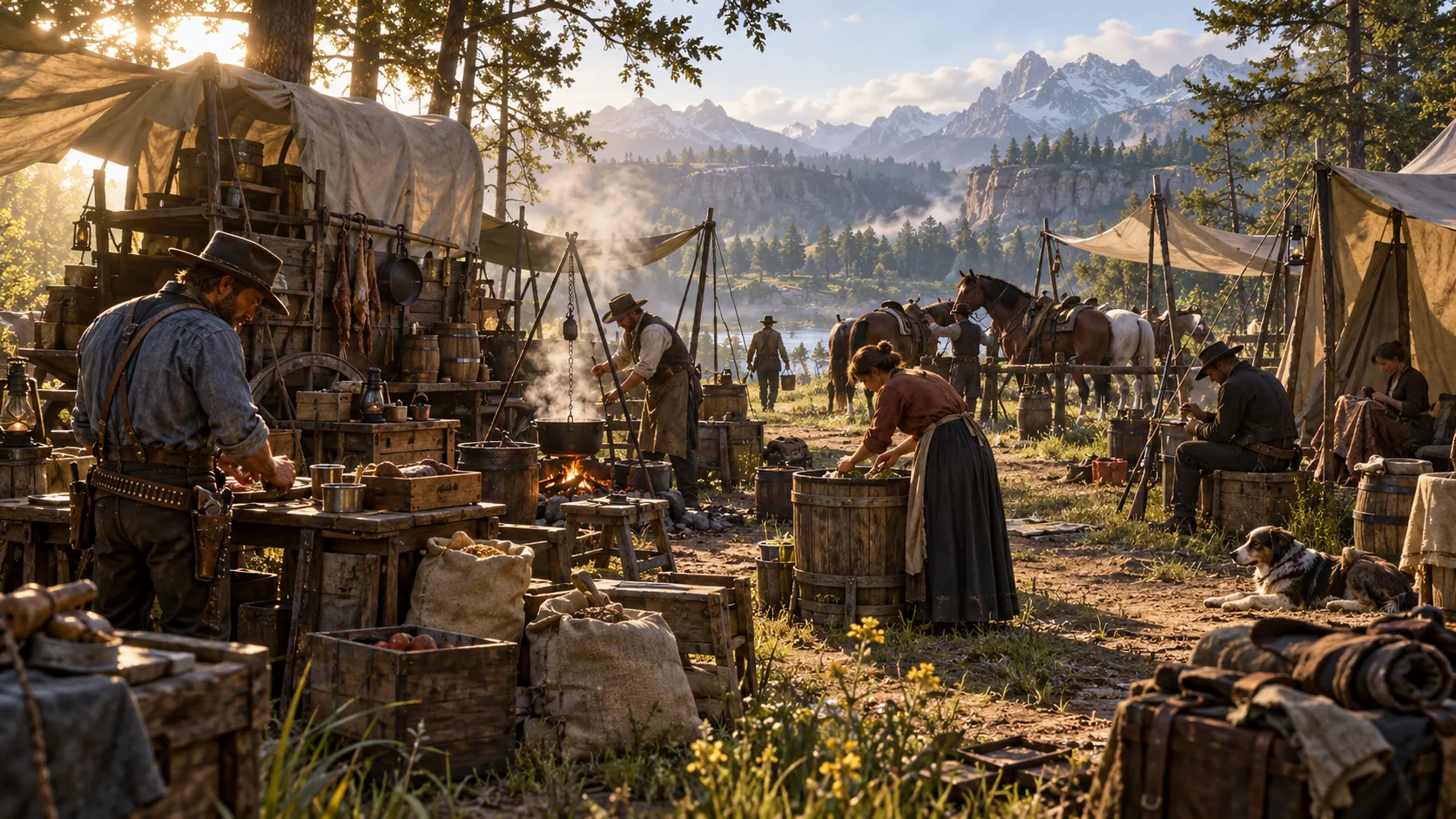 A busy daytime camp: a man at a supply table, a woman washing at a barrel, a pot over a fire, horses hitched at a rail, and crates, sacks and bedrolls in the foreground.