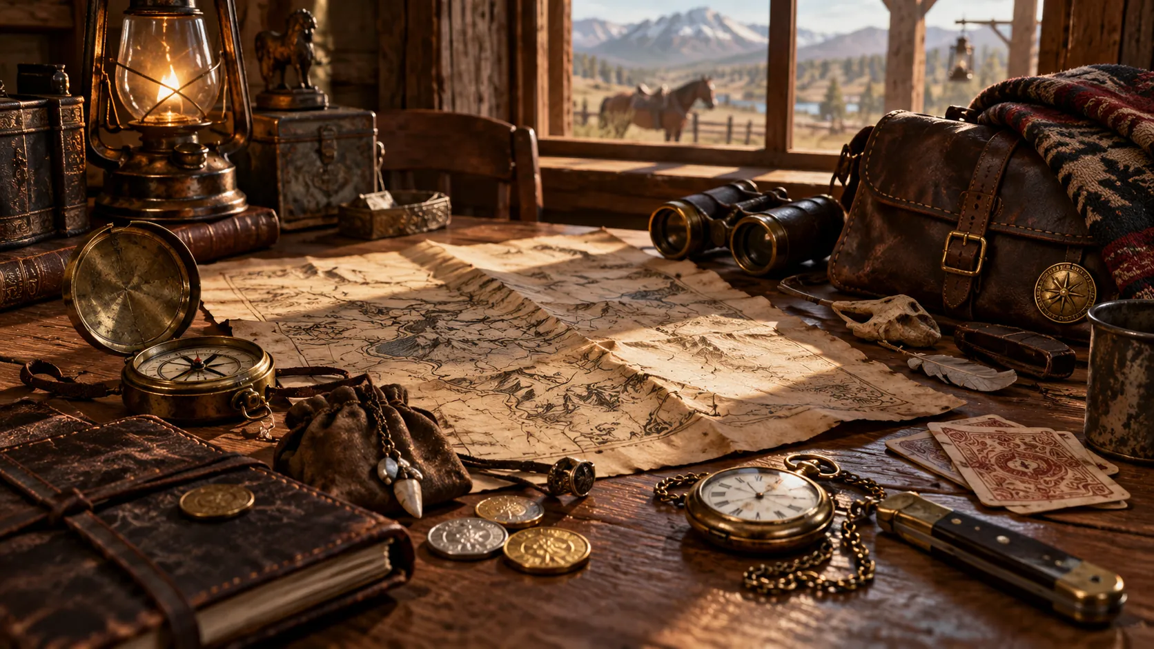 A wooden table in warm window light holding an old hand-drawn map, a brass compass, binoculars, coins, playing cards, a pocket watch on its chain, a clasp knife, a worn leather journal and a satchel.